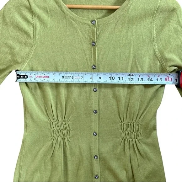 Y2K Boden Women's Chartreuse Lime Green Ruching Button Front 100% Wool Cardigan - Picture 5 of 7